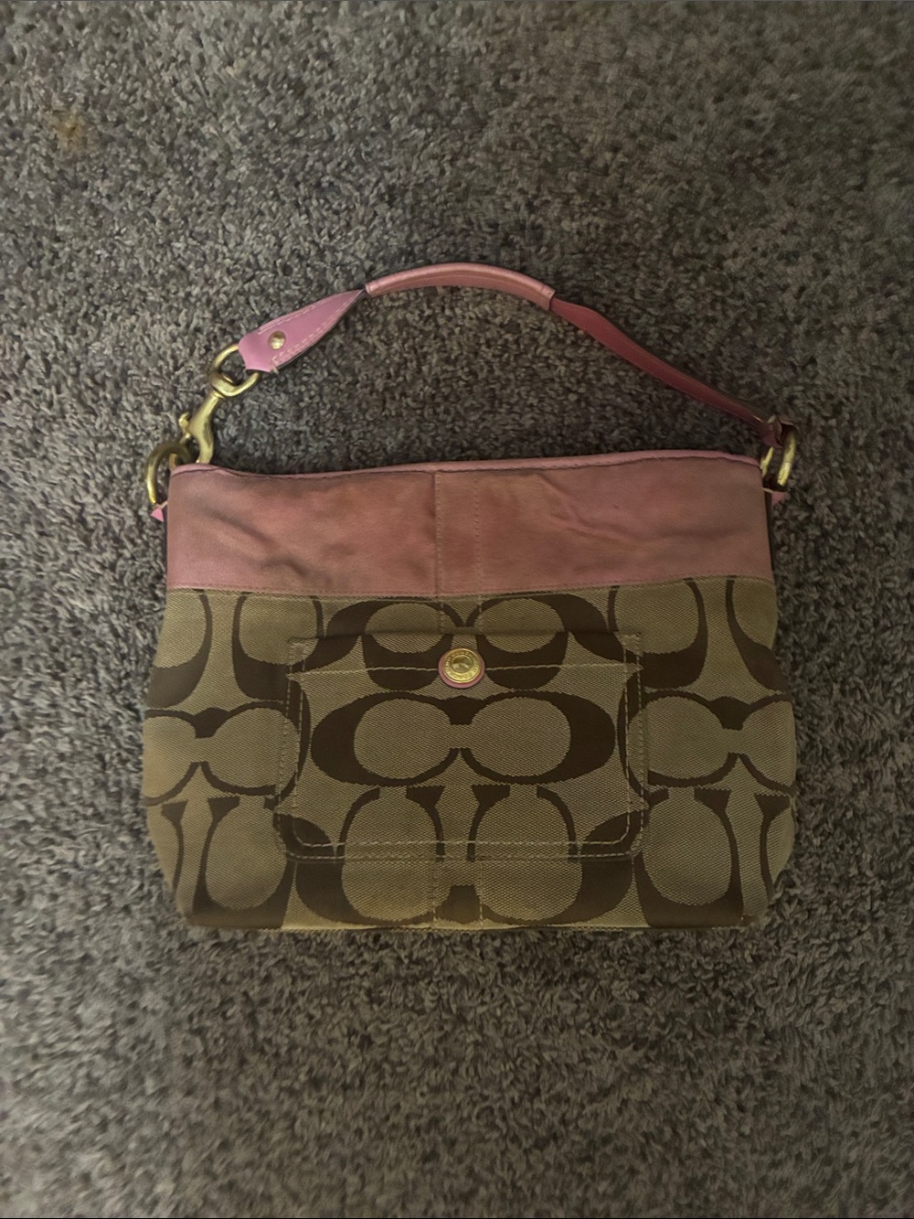 Coach Brown Signature Canvas Shoulder Bag with Pink Accents